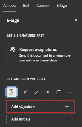 From the E-Sign window click the Add signature button to create the signature