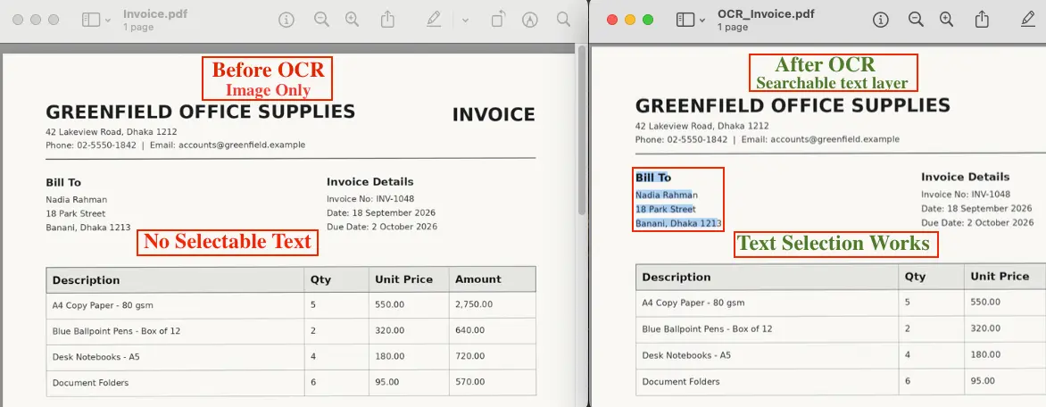 Compare the image-only PDF with the OCR version to confirm that text selection works after OCR
