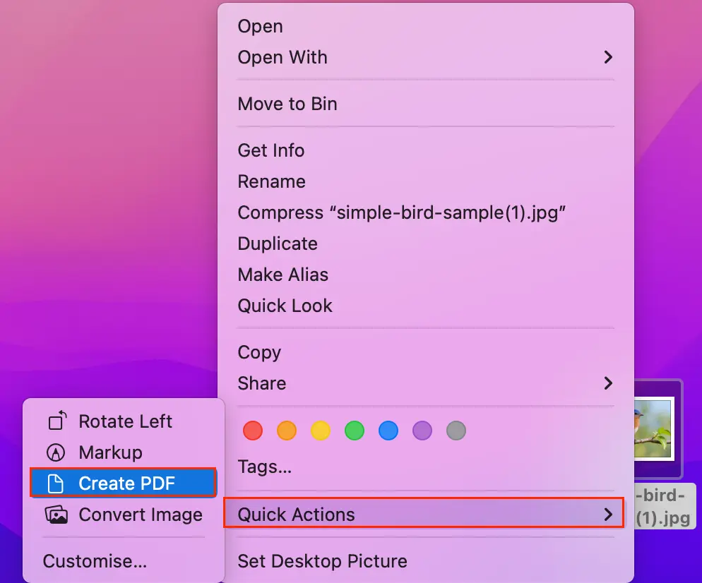 Right-click an image in Finder, open Quick Actions, and choose Create PDF