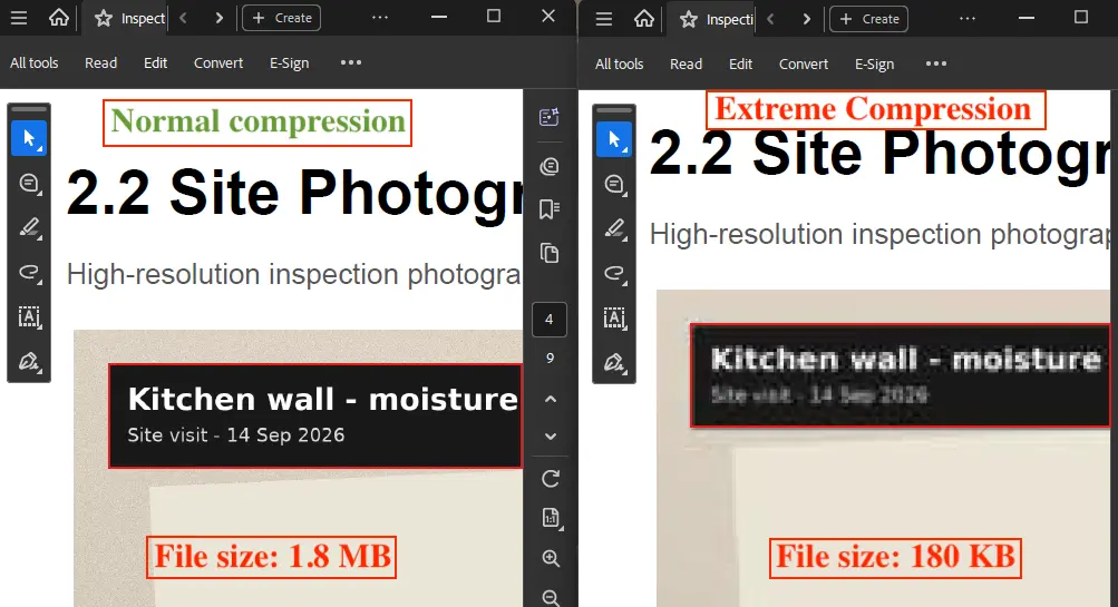 Side-by-side comparison of normal and extreme PDF compression showing differences in text clarity and file size