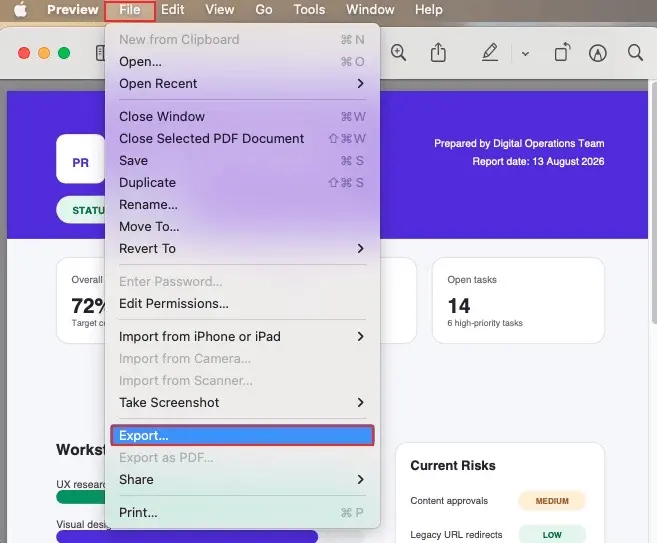 Open the PDF in the Preview app on Mac and go to File, then choose Export