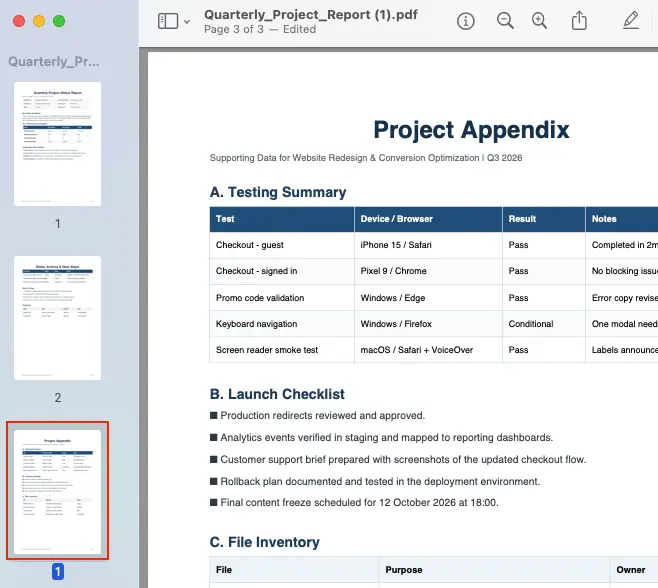 Project Appendix page inserted into the thumbnail sidebar in Mac Preview