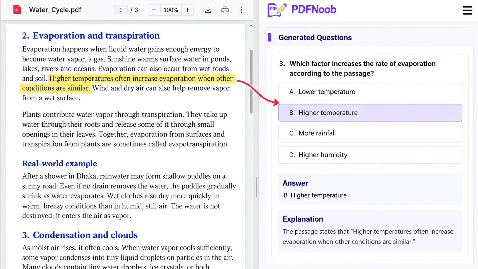 Side-by-side comparison of a highlighted sentence about evaporation in the original PDF and a generated multiple-choice question showing the correct answer and explanation