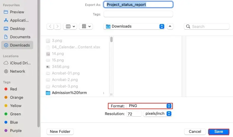 Choose PNG from the Format menu and click Save to convert PDF to PNG