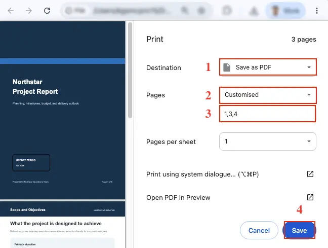 From the Print window, choose the destination and pages, then click Save to get a new PDF with the selected pages