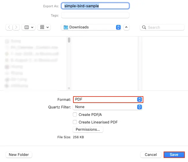 Select PDF as the export format and click Save in Mac Preview
