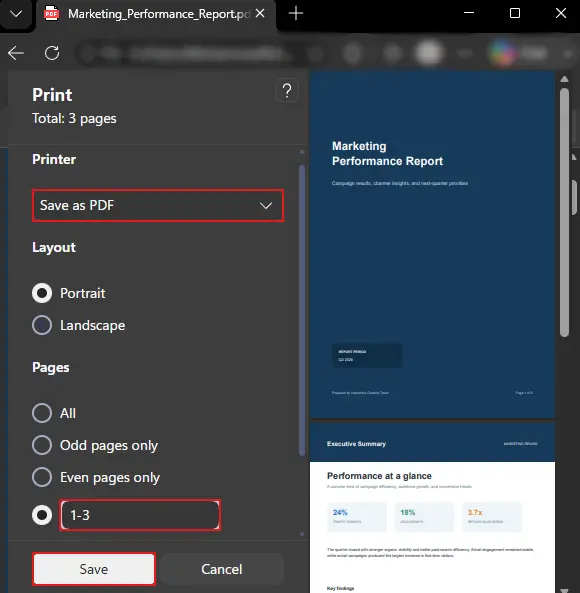 Choose Save as PDF and choose page range to keep and remove other pages