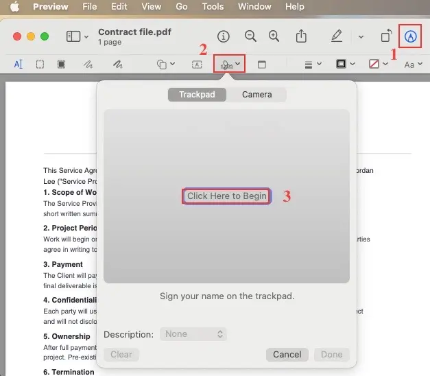 Open the PDF on Mac using Preview, go to Markup button and choose the signature icon