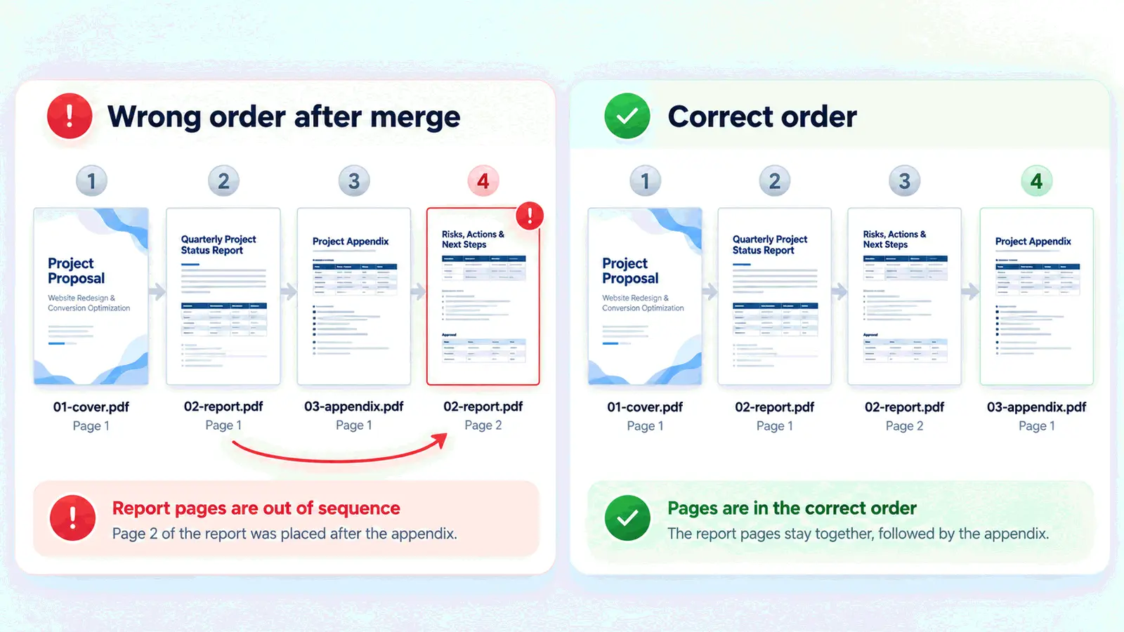 Comparison of incorrect and correct page order when merging PDF files