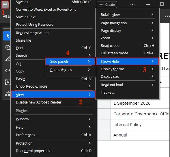 Open the PDF in Adobe Acrobat, then click Menu, View, Show/Hide, Side panels