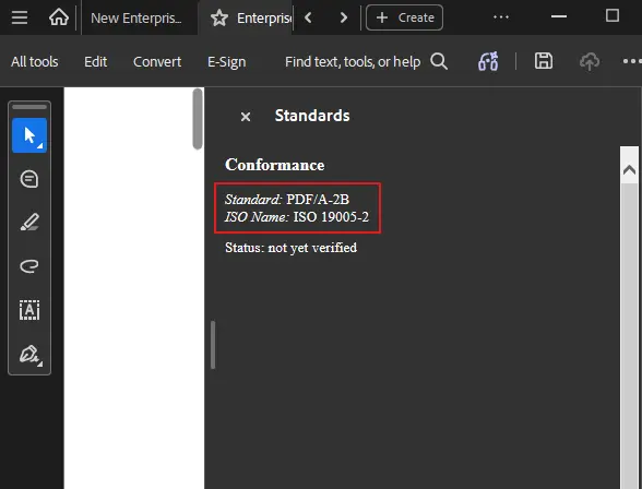 The standards panel displaying PDF’s declared conformance information
