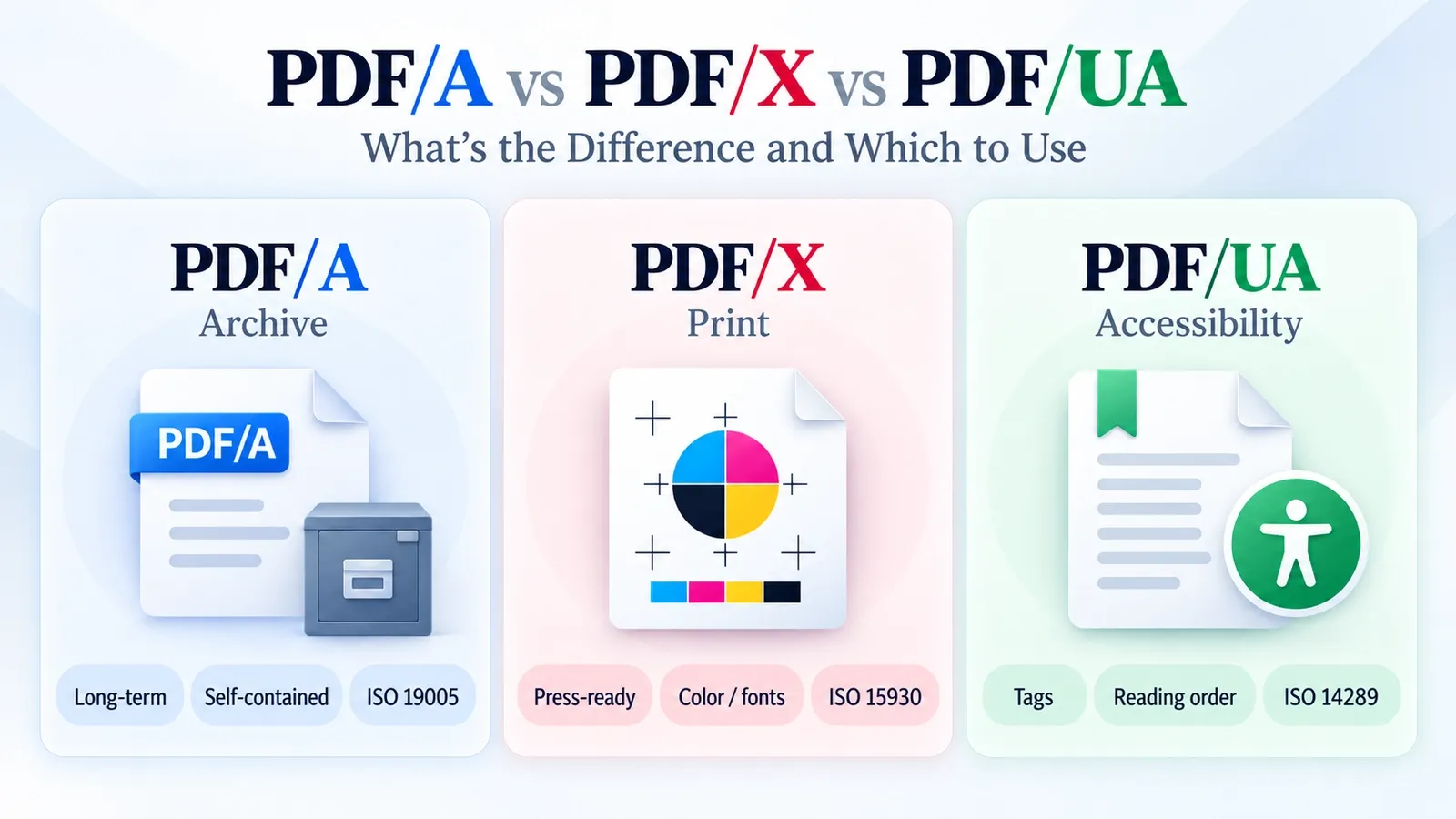 PDF/A vs PDF/X vs PDF/UA: What's the Difference and Which to Use