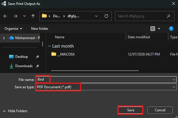 Name the file and click save to convert png to pdf